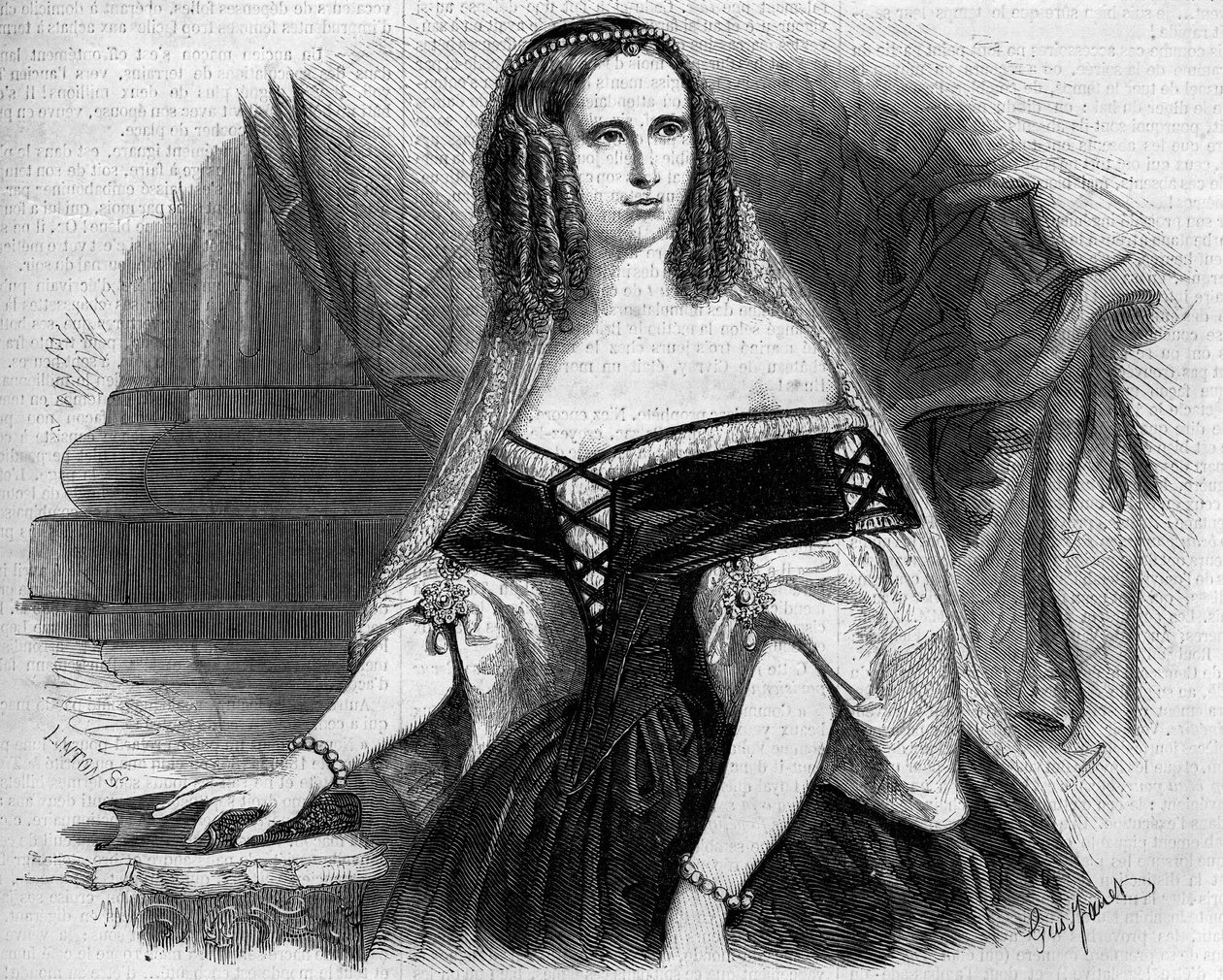 Portræt af Sophie af Württemberg (1818-1879), dronning af Holland. Indgravering i "" Le Monde Illustré"" nr. 53 af 17. april 1858. af French School