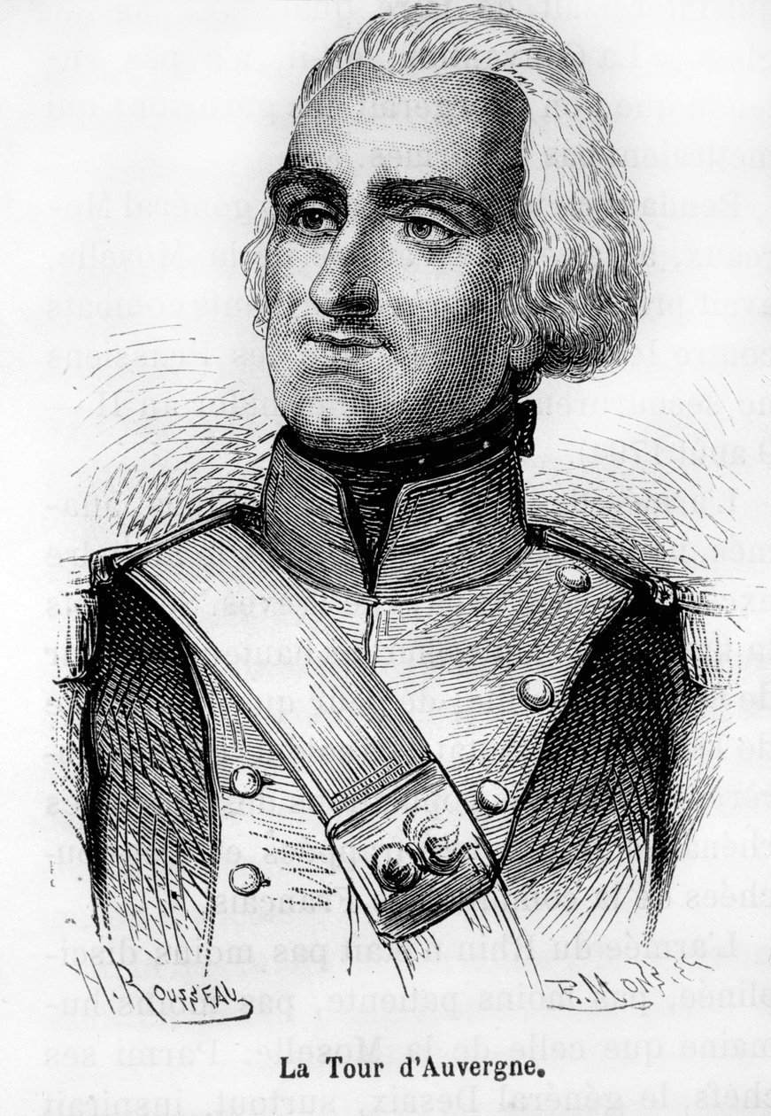 Portræt af Theophile Malo Corret af Tower of Auvergne (1743 - 1800): udnævnt til republikkens første grenader af Bonaparte - i "" The History of France"" af Henri Martin af French School