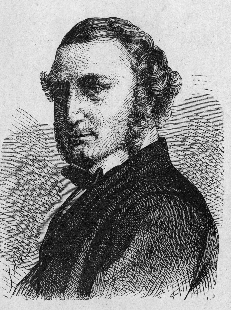 Portræt af Thomas Russell Crampton (1816 - 1888), britisk ingeniør: han designede et højhastighedslokomotiv, byggede Berlins hydrauliske netværk og deltog i etableringen af søkablet mellem Calais og Douvres- i "Album of Science; illu af French School