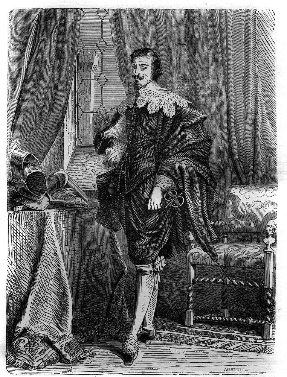 Portræt af Thomas Wentworth (1593-1641), jarl af Strafford, engelsk statsmand, ridder af strømpebåndet og vigtig skikkelse i begivenhederne op til den første engelske revolution. Indgravering i "" Pavernes historie (...) Dronningkongens og Kejserens forbry af French School