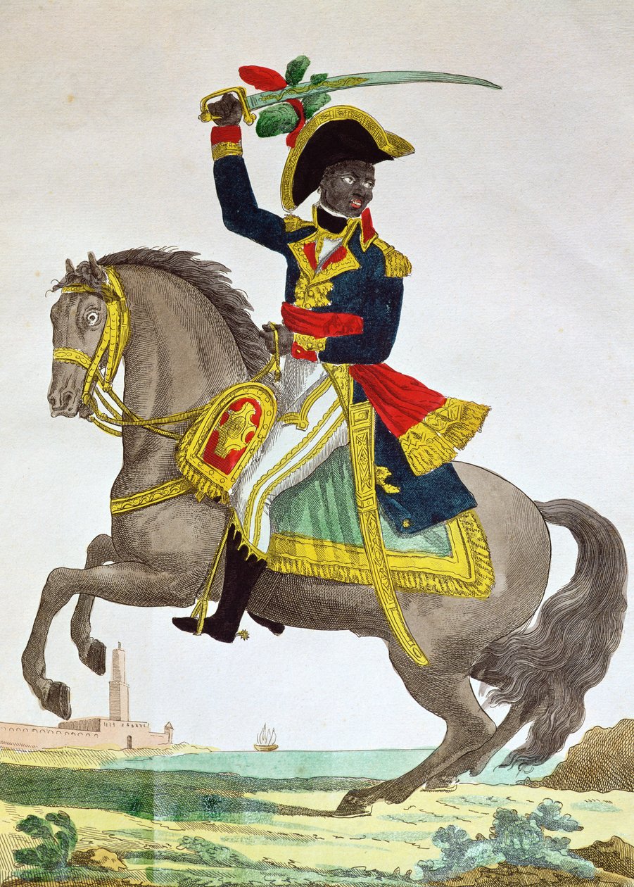 Portræt af Toussaint Louverture (1743-1803) til hest, begyndelsen af det 19. århundrede (farvestik) af French School