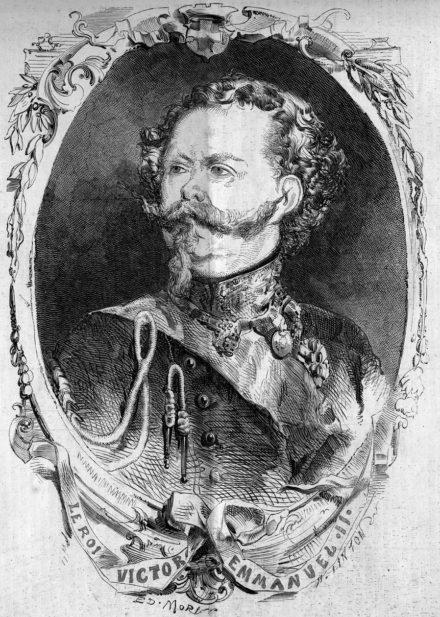 Portræt af Victor Emmanuel II (Vittorio Emanuele) (Victor-Emmanuel) (1820-1878), konge af Sardinien og fremtidig konge af Italien. Indgravering i "" Le Monde Illustré"" nr. 95 af 5. februar 1859. af French School