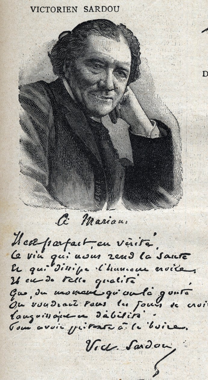 Portræt af victorianske Sardou (1831-1908), dramatiker, i "Le Petit Parisien"" af French School