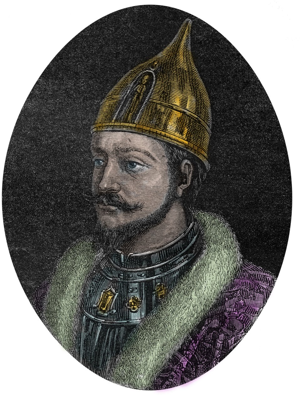 Portræt af Yaroslav I den Vise (Yaroslav Vladimirovich) (Yaroslav I) (978-1054), Storprins af Rusland i Kiev - Portræt af Yaroslav den Vise - Yaroslav I, Storprins af Rusland - fra "" New National Encyclopedia"" af Maurice La Charest - 1870 - af French School