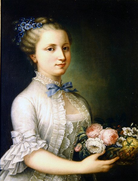 Portræt af en dame med blomster (olie på lærred) af French School