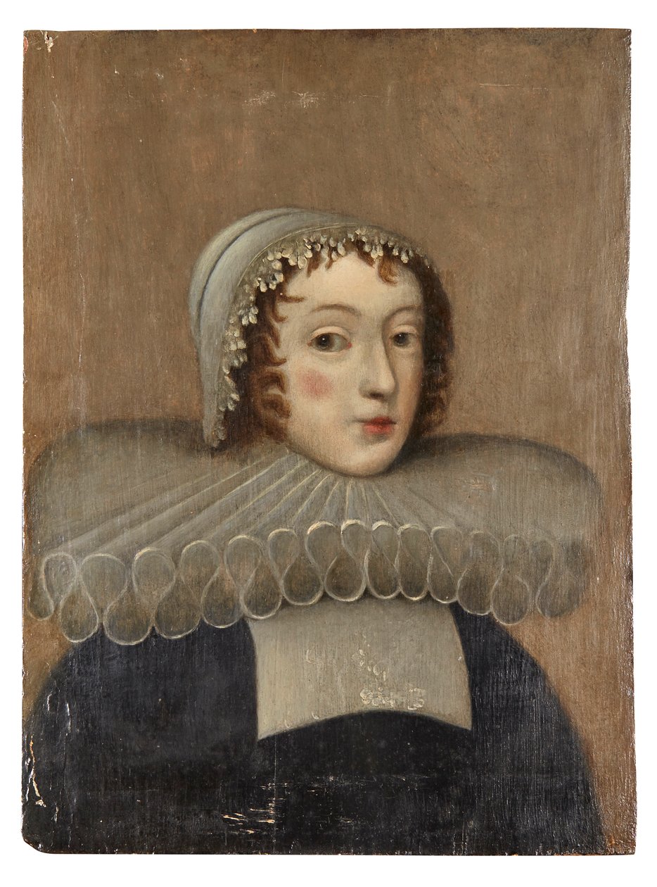 Portræt af en dame med et ryg (olie på panel) af French School