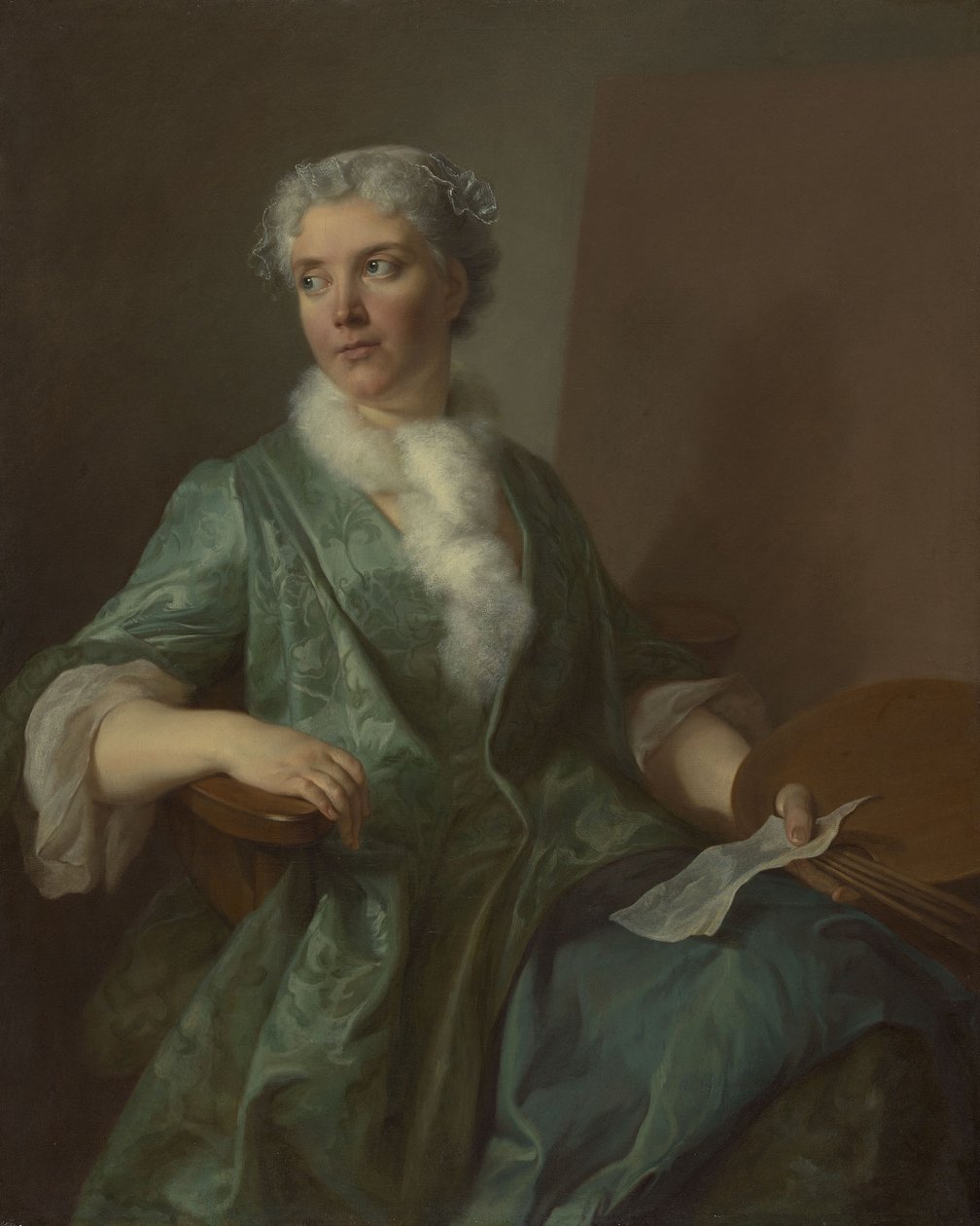 Portræt af en kvindelig kunstner, ca. 1735 (olie på lærred) af French School