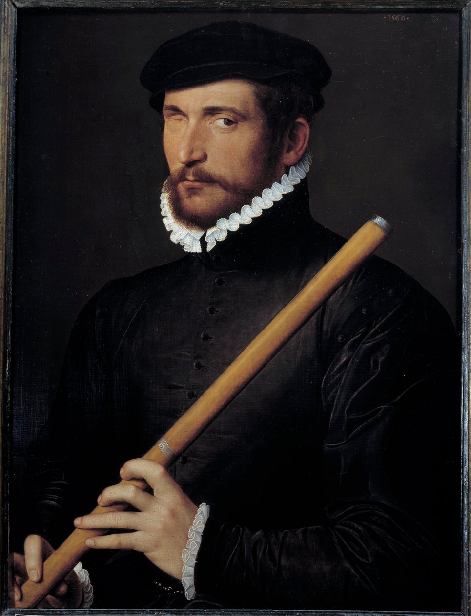 Portræt af en blind fløjtenist Maleri af Ecole francaise. 1566 søn. 0,62x0,5 m - Portræt af en enøjet fløjtenist. Fransk Skolemaleri. 1566. 0,62 x 0,5 m. Louvre-museet, Paris af French School