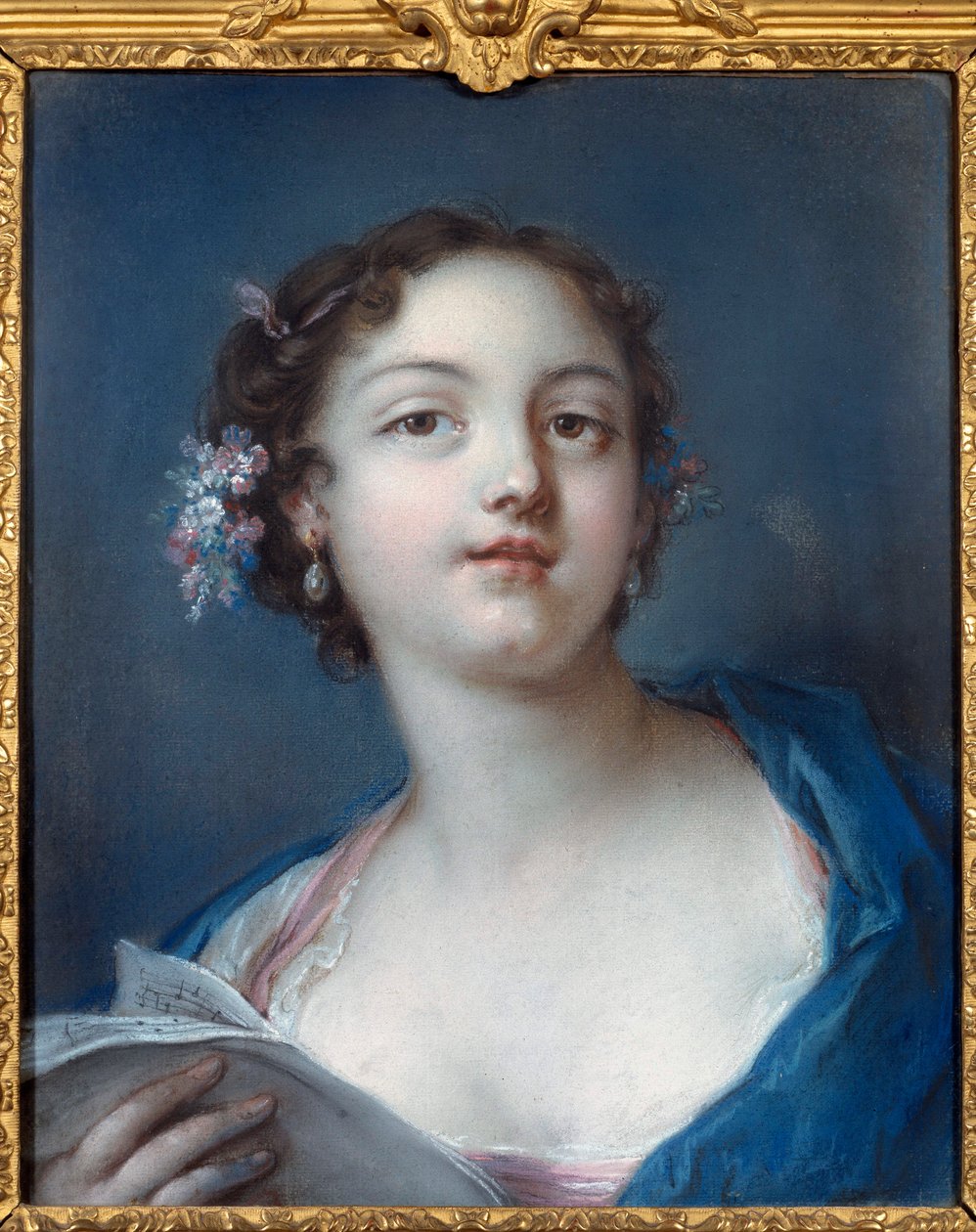 Portræt af en pige, der læser et partitur Anonymt maleri. Chantilly fra det 18. århundrede, museum Conde af French School