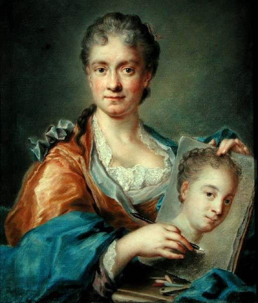 Portræt af en dame, der tegner et portræt, ca. 1750