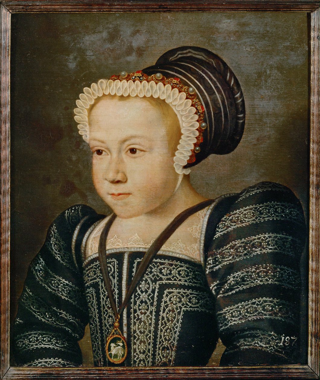 Portræt af en ædel ung pige (maleri på egetræ) af French School