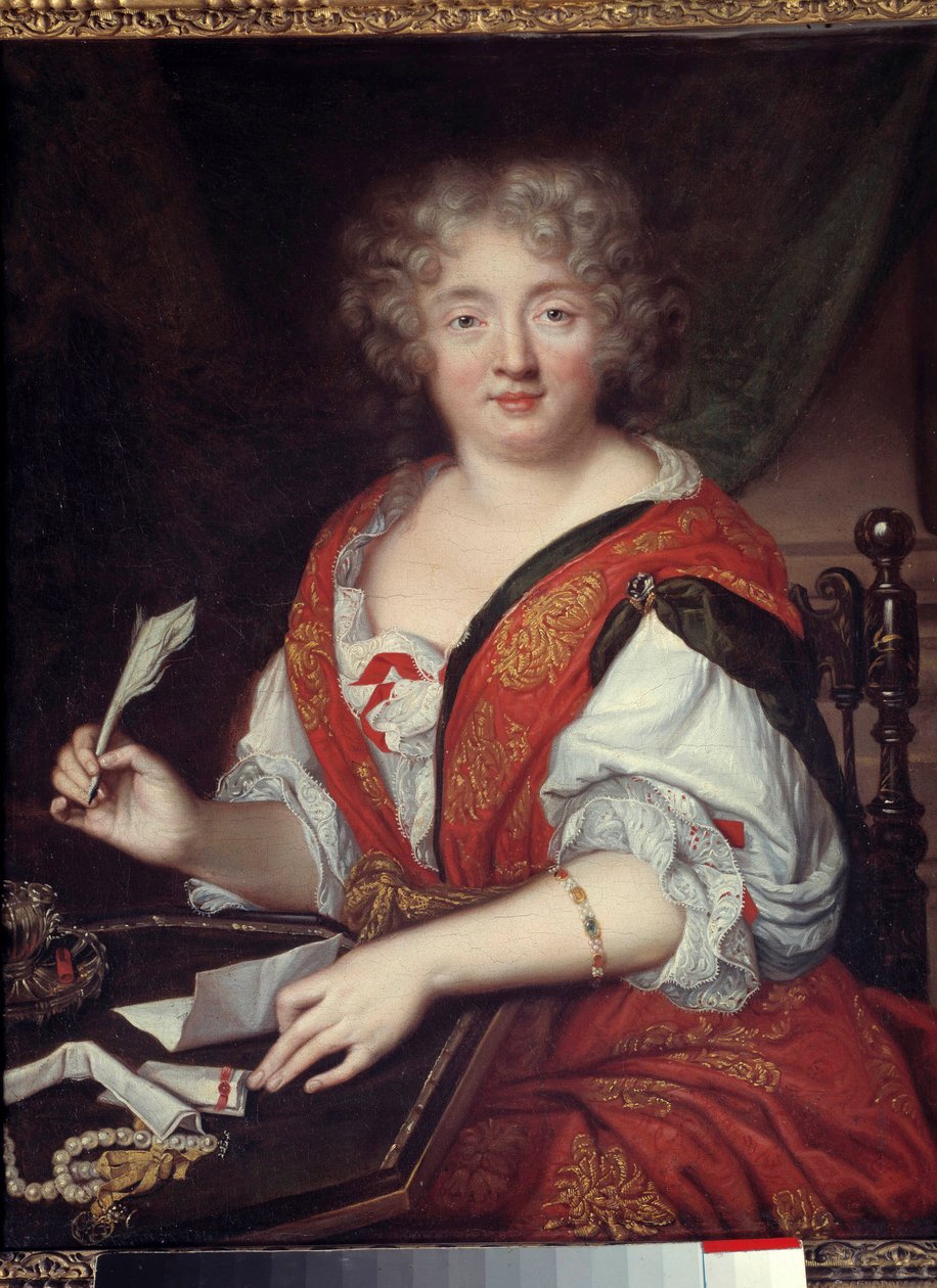 Portræt af en kvinde, der skriver tidligere identificeret som Madame de Sevigne (1626-1696) Det ville være Marie de Rabutin-Chantal (Rabutin Chantal), Marquise de Sevigne dit Madame de Sevigne (1626-1696), kvinde med bogstaver. Hun bærer et armbånd i halv  af French School
