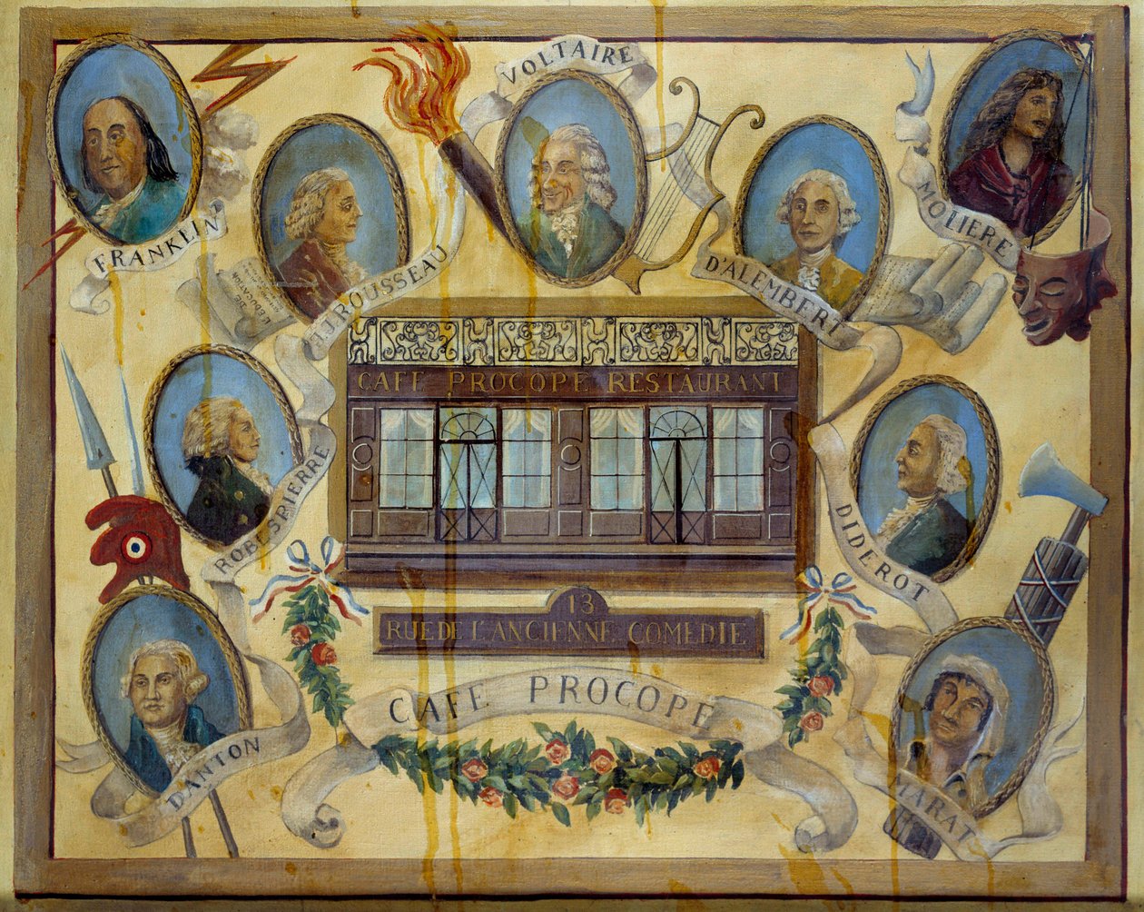 Portræt af historiske personer og udsigt over den parisiske café Le Procope: Benjamin Franklin, Jean Jacques Rousseau, Voltaire, Jean D