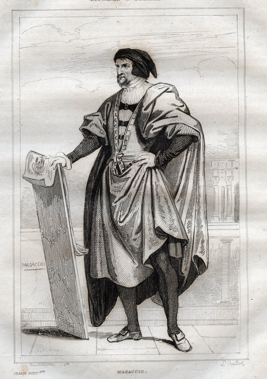 Portræt af den italienske maler Masaccio (Tommaso di Giovanni Cassai) (1401-1428) - Indgravering fra "" Italy Picturesque" - Historisk og beskrivende maleri af Italien" af M. de Norvins, Ch. Nodier 1834-1836. af French School