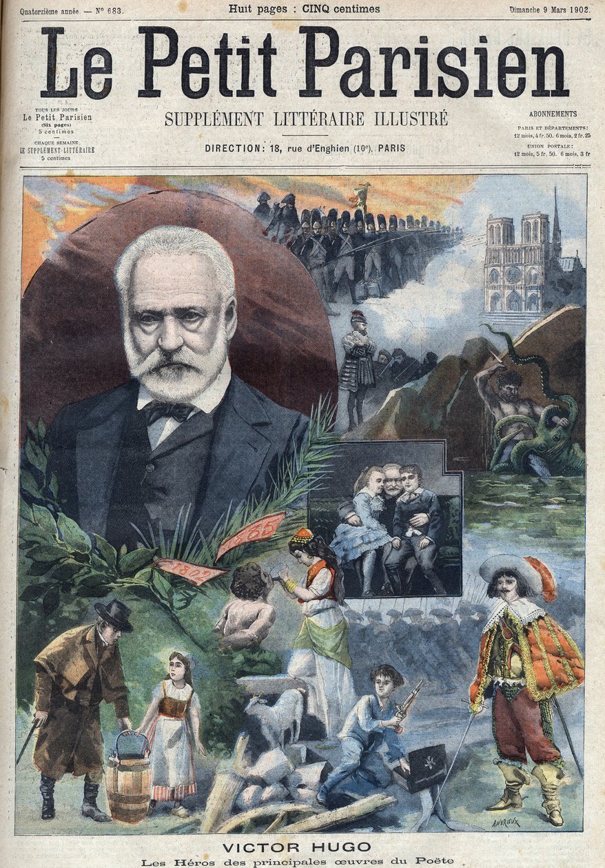 Portræt af den franske forfatter Victor Hugo (1802-1885) med illustrationer af hans hovedværker. Gravering i "Le petit Parisien"" af French School