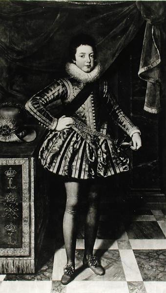 Portræt af spædbarnet Ludvig XIII (1601-43) Konge af Frankrig og Navarra, ca. 1611 (olie på lærred) (s/h foto) af French School