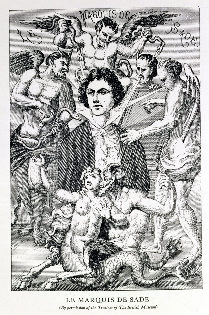 Portræt af Marquis de Sade omgivet af djævle (gravering) af French School