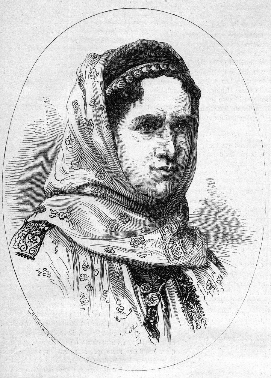 Portræt af prinsessen af Rumænien Elisabeth Pauline Ottilie Louise de Wied (1839-1914), hustru til den kommende kong Charls 1. (Carol 1.) af Rumænien. Indgravering i "" Le Monde Illustré"" nr. 1054 af 23. juni 1877. af French School