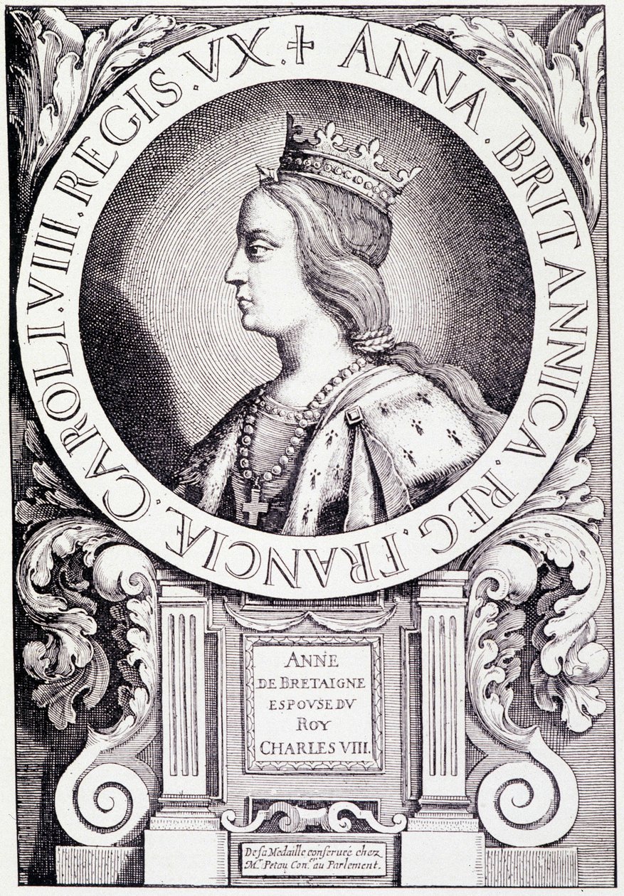 Portræt af dronningen af Frankrig Anne af Bretagne (1477-1514). Gravering fra "Louis XII et Anne de Bretagne" af Paul Lacroix, red. Georges Hurtrel af French School