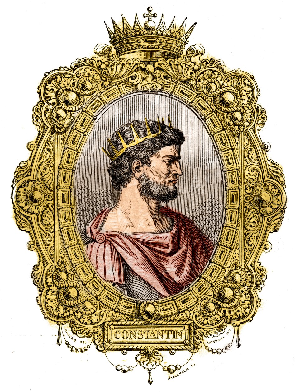 Portræt af den romerske kejser Konstantin I Den Store (274-337). Indgravering i "Historien om paver-konger-dronninger-og-kejsere gennem århundreder"" af Maurice Lachatre af French School