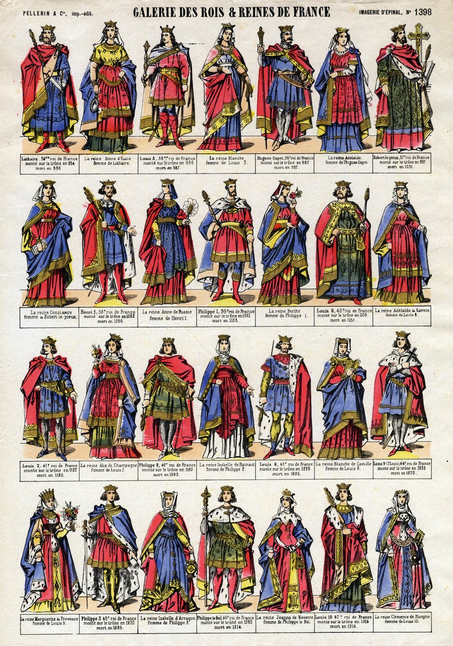 Portræt af kongerne og dronningen af Frankrig fra Capetian-dynastiet (Capetian-dynasti) fra Lothaire (941-986) til Ludvig X. Hutinen (1289-1316). Epinal billeddannelse fra slutningen af det 19. århundrede. Privat samling. af French School