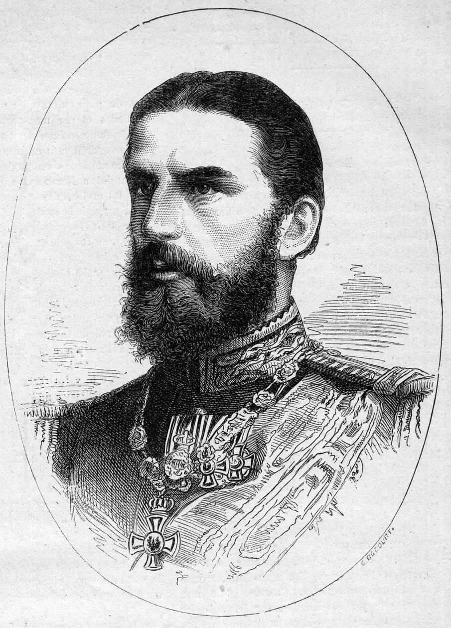 Portræt af prinsen af Rumænien Charles de Hoenzolern Sigmaringer (1839-1914), fremtidig konge under navnet Charles I (Carol I). Indgravering i "" Le Monde Illustré"" nr. 1054 af 23. juni 1877. af French School