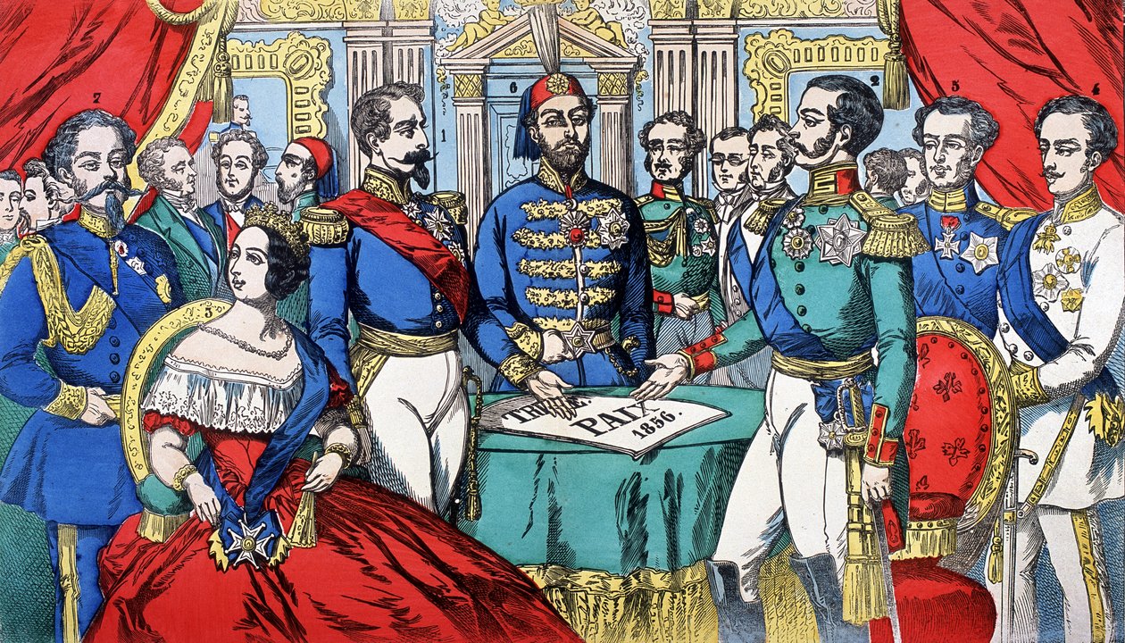 Portræt af Europas suveræner under fredstraktaten i 1856: fra venstre mod højre, Victor Emmanuel II (Victor Emmanuel) (Vittorio Emanuele), konge af Sardinien, Victoria, dronning af England, Napoleon III, tyrkisk kejser, Alexander II, konge af Rusland, F af French School