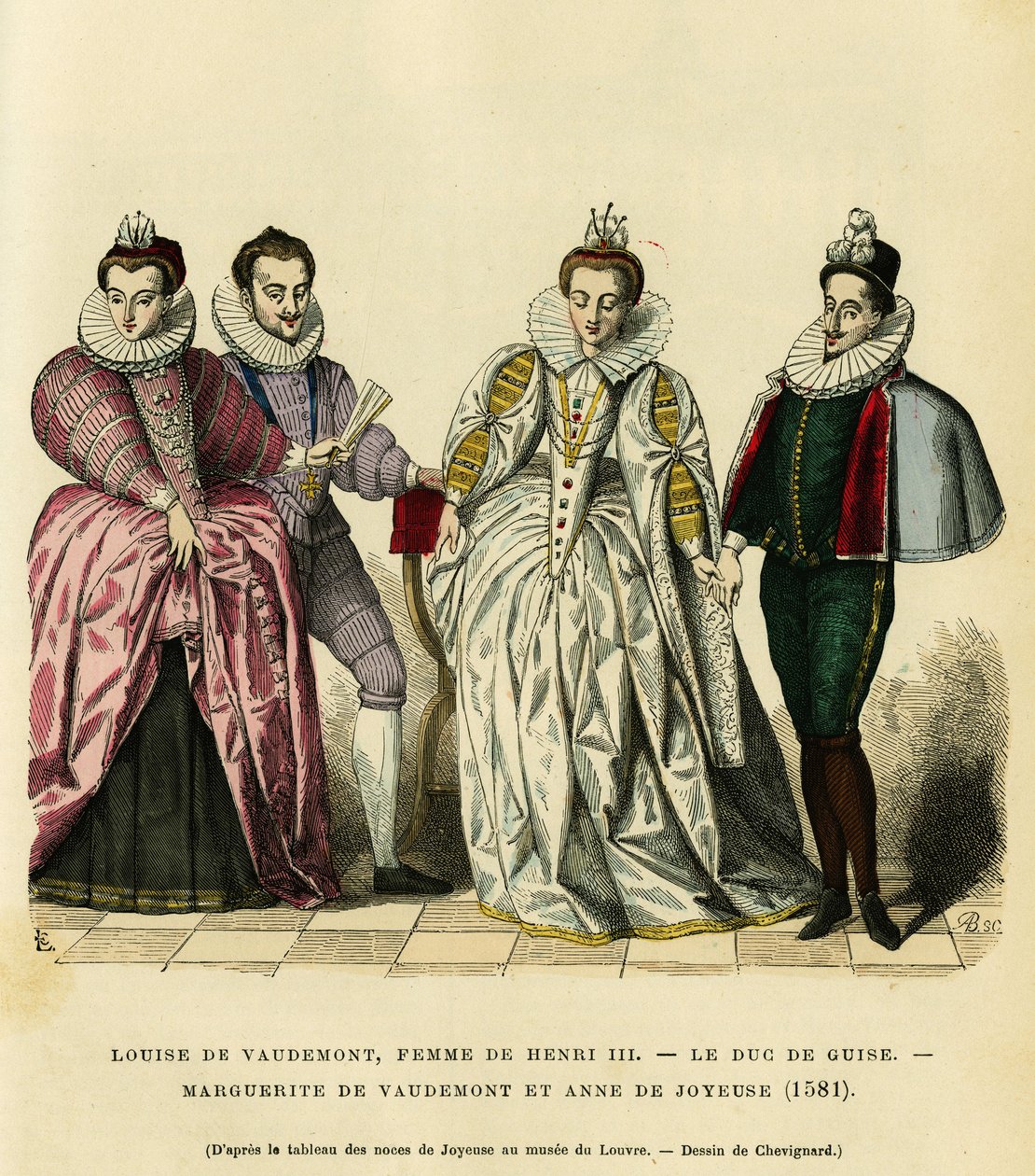 Portrætter i 1581 af Louise de Vaudemont (1553-1601), dronning af Frankrig, hustru til Henrik III (1551-1589), af den tredje hertug af Guise, Henri I, kendt som Balafre (1549-1588), af Marguerite af Lorraine (1564-1625) datter af greven af Vaudemont (Nicol af French School