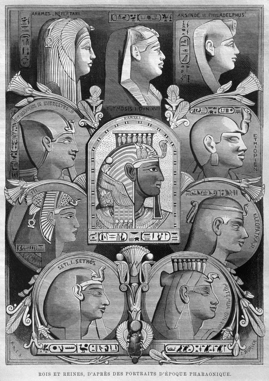 Portrætter af det gamle Egyptens dronninger og konger, fra LEgypte af Georg Moritz Ebers (1837-98), 1881 (bw gravering) af French School