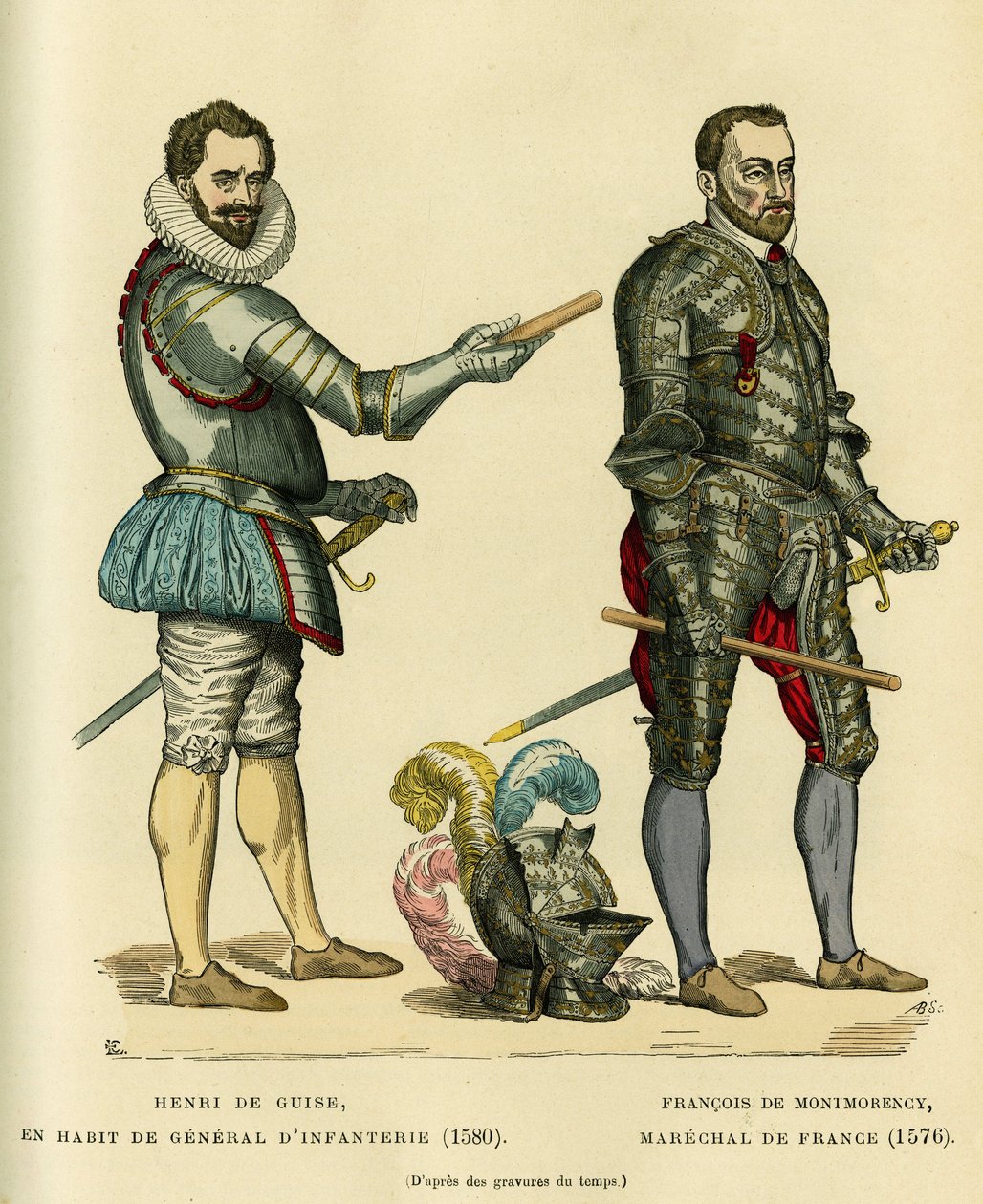 Portrætter af Henri I de Guise, kendt som Balafre (1549-1588) i pels som infanterigeneral i 1580 og af Francois de Montmorency (1530-1579), marechal af Frankrig omkring 1576. Farvestik, i "France et les francais a travers les siecles”” af Augu af French School