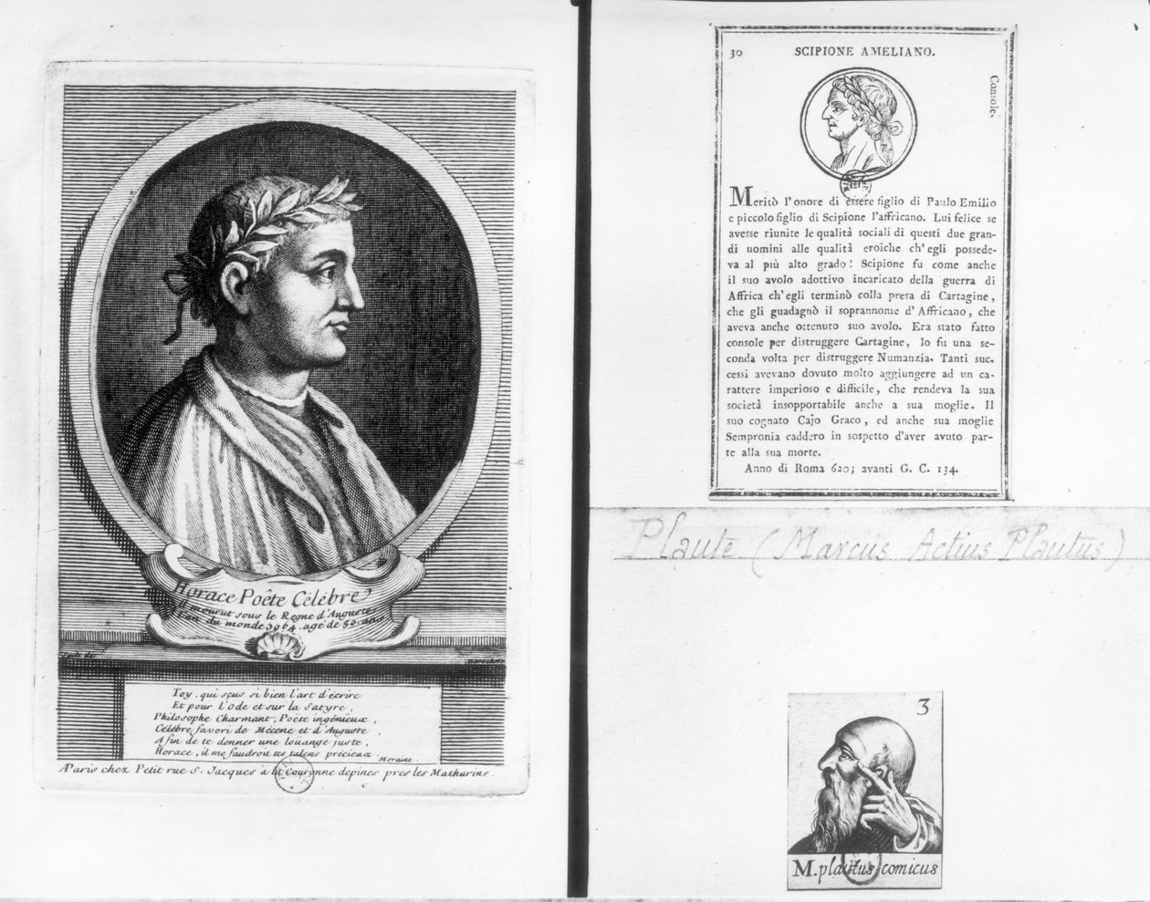 Portrætter af Horace (65-8 f.Kr.) Scipio Aemilianus (Africanus Minor) (185-129 f.Kr.) og Plautus (ca. 254-184 f.Kr.) af French School