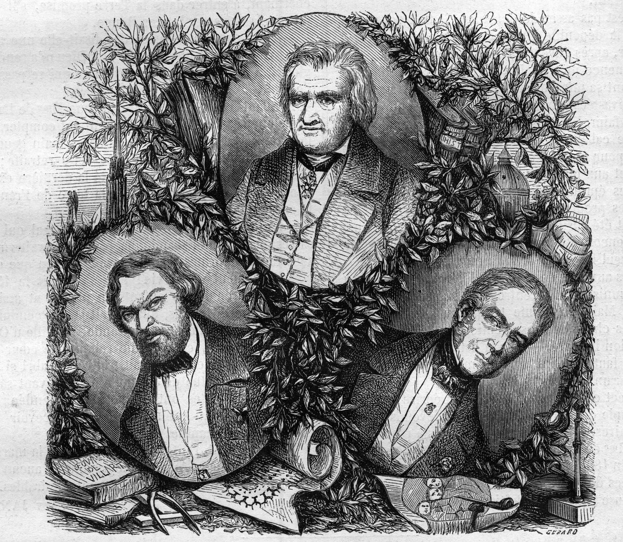 Portrætter af Jean Baptiste Antoine Lassus (1807-1857), fransk arkitekt (til venstre); Charles Lacretelle Jeune (1766-1855), fransk historiker og jurist (i midten); og baron Auguste Gaspard Louis Desnoyers (1779-1857), fransk gravør. Stik fra 1858. af French School