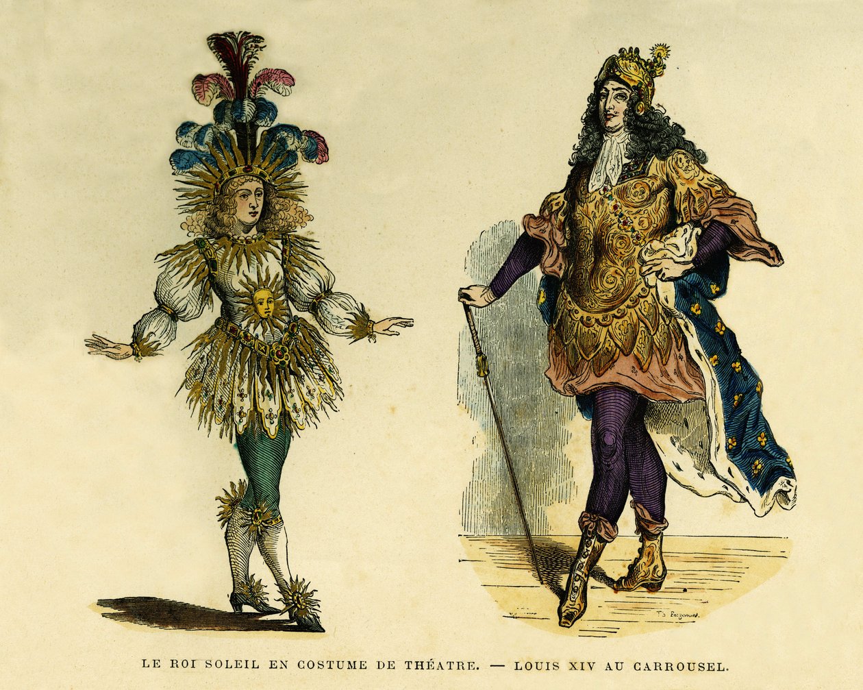 Portrætter af kong Louis XIV (1638-1715), i teater kostume og karrusel. Farvegravering, i “Frankrig et les Francais a Travers les århundreder” ”af Augustin Challamel, F.Roy Editor, Paris 1882. Selva -samling. af French School