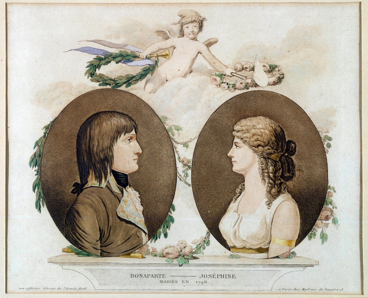 Portrætter af Napoleon Bonaparte (1769-1821) og Josephine de Beauharnais (1763-1814) gift i 1796”” Anonym akvarel omkring 1800. Søn 0,21x0,23 m Malmaison, musee du chateau af French School