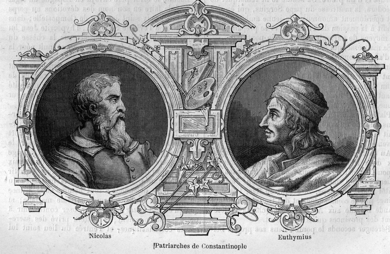 Portrætter af Nikolaj den mystiker (10. århundrede) og Euthymius af Athos (955-1028), patriarker af Konstantinopel. Indgravering i "Histoire des Papes-Rois-Queen and Empereurs a travers les centuries"" af Maurice Lachatre af French School