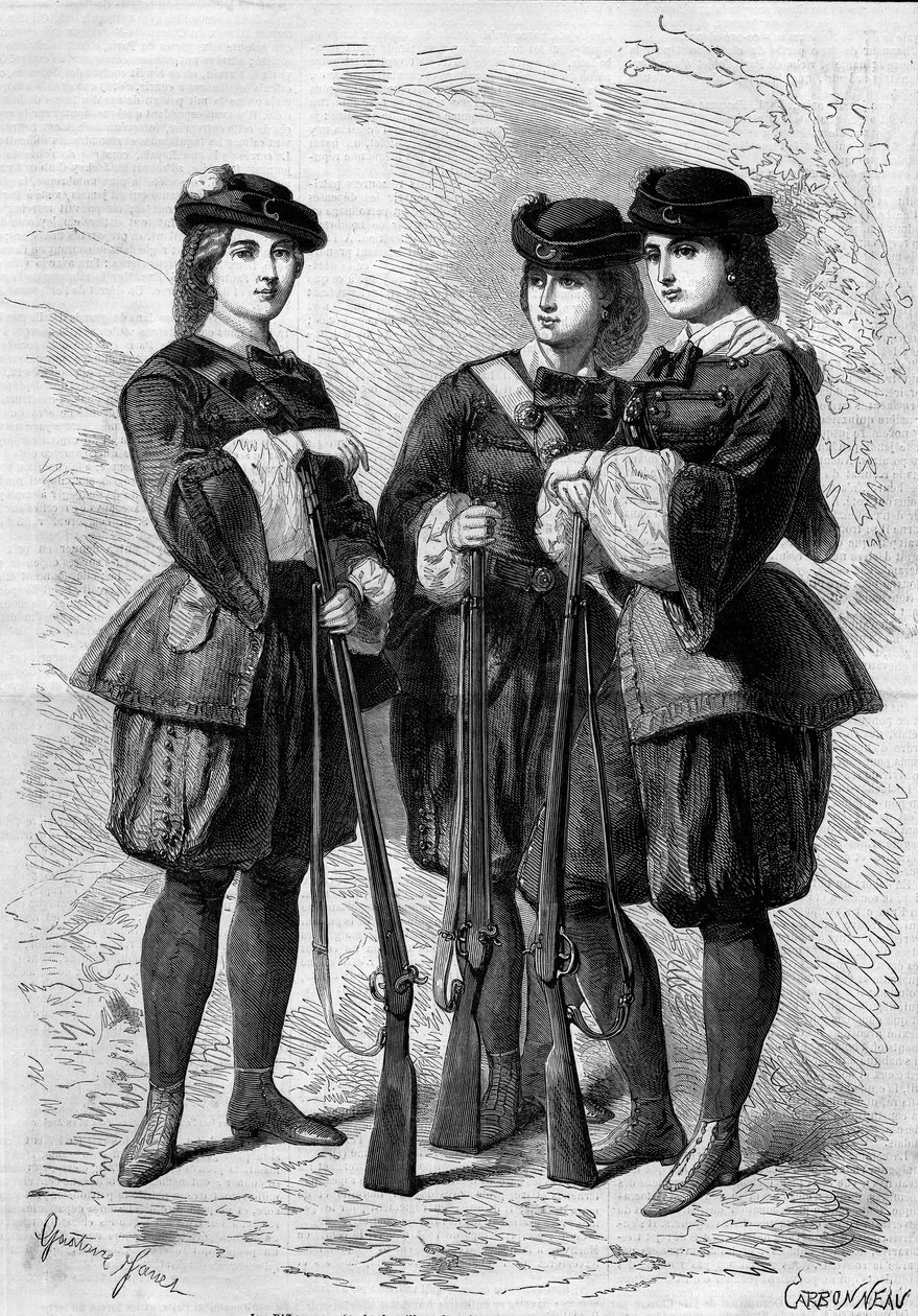 Portrætter af riflekvinder: bataljoner af kvindelige frivillige i England. Indgravering i "" Le Monde Illustré"" nr. 172 af 28. juli 1860. af French School