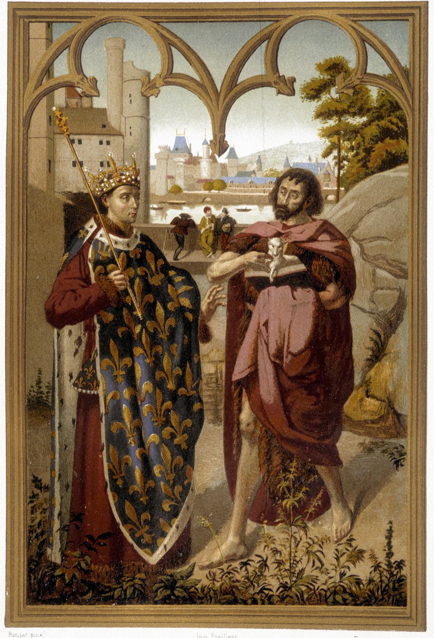 Portrætter af Saint Louis og Saint John the Baptist - repro. efter fragment af altertavle tilskrevet Van Eyck, i "The Chroniclers of the History of France from the Origins to the 16th Century" af Mme de Witt, Paris af French School