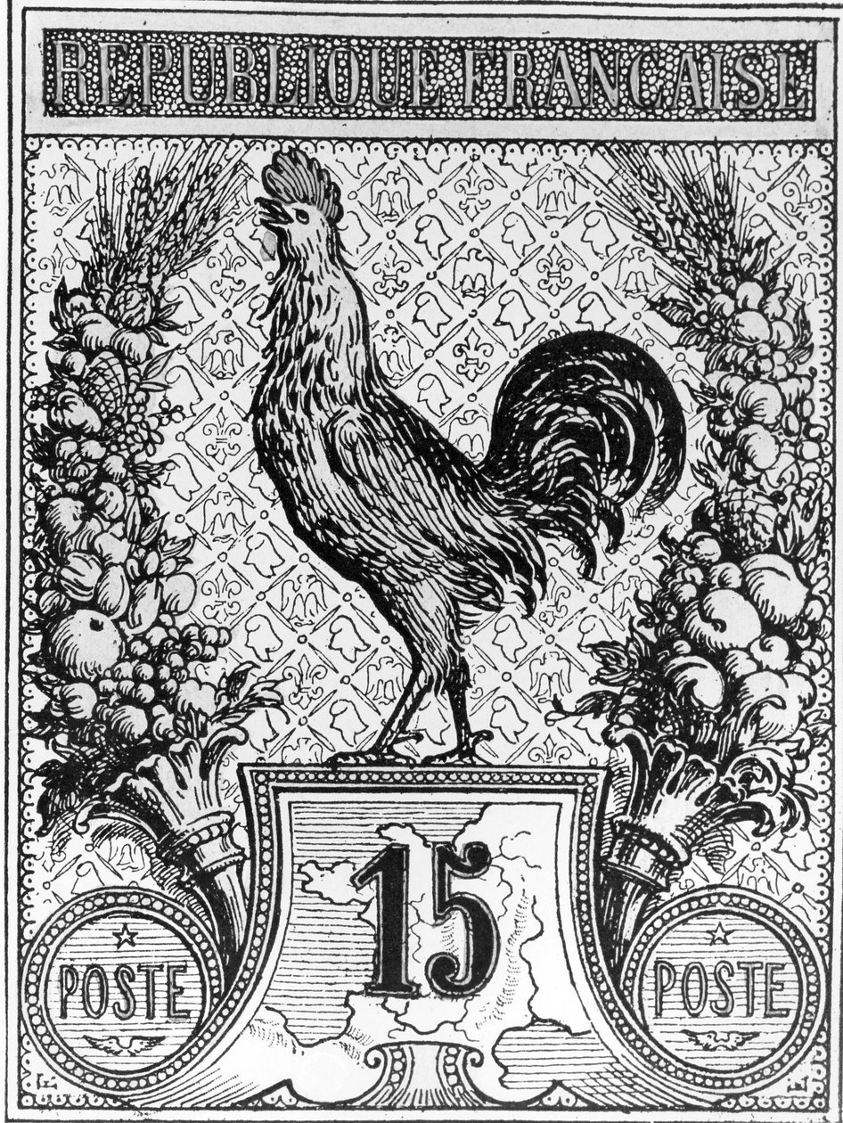 Frimærke, der forestiller den franske hane, emblem fra den franske republik, slutningen af det 19. århundrede af French School