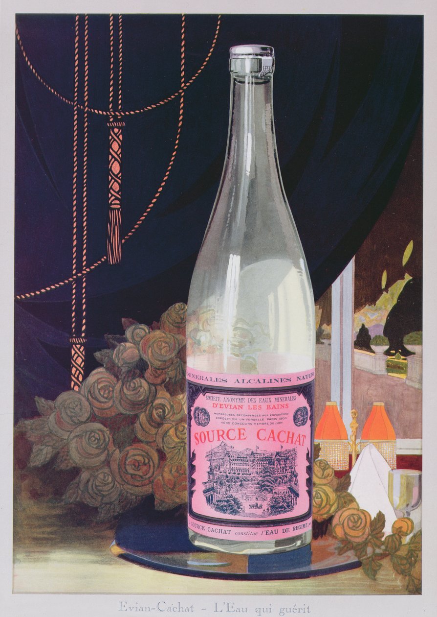 Postkort, der reklamerer for Evian-vand fra Source Cachat, 1906 af French School