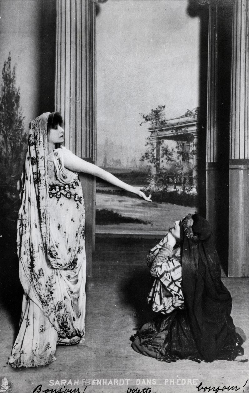 Postkort forestillende Sarah Bernhardt (1844-1923) i Phedre af Jean Racine (1639-99) slutningen af det 19. århundrede af French School