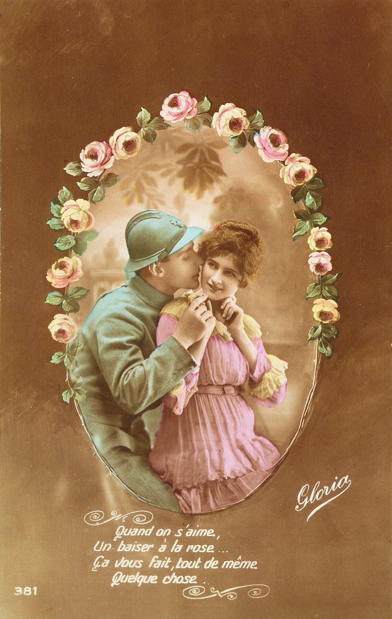 Postkort, der forestiller en fransk soldat og hans elsker, 1914-18 (farvet foto) af French School