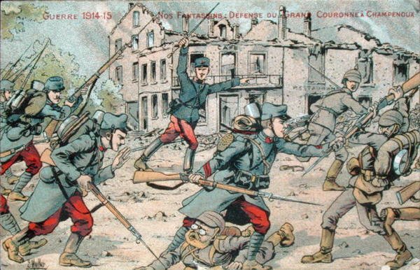 Postkort, der forestiller det franske infanteri, der forsvarer Champenoux af French School