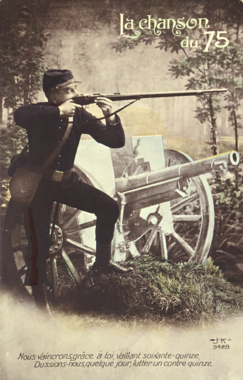 Postkort, der forestiller Sang om de 75, 1914-18 af French School