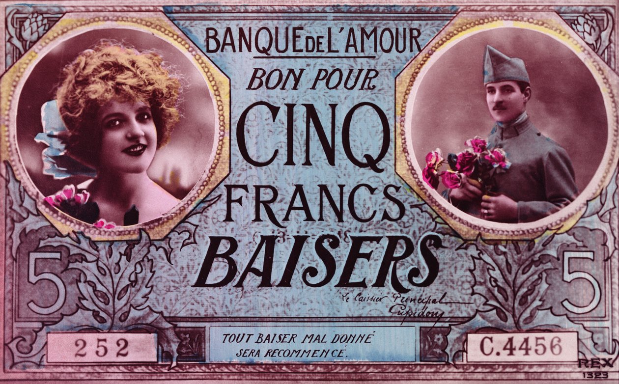 Postkort i form af en kupon på fem kissesfrancs fra Bank of Love, 1914-18 af French School