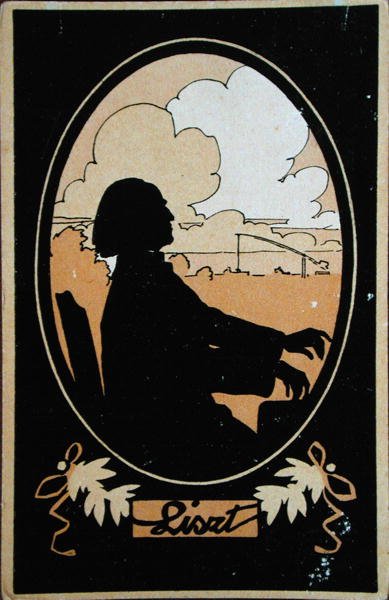 Postkort af Franz Liszt (1811-86) med det ungarske landskab i baggrunden, ca. 1910 (farve litho) af French School
