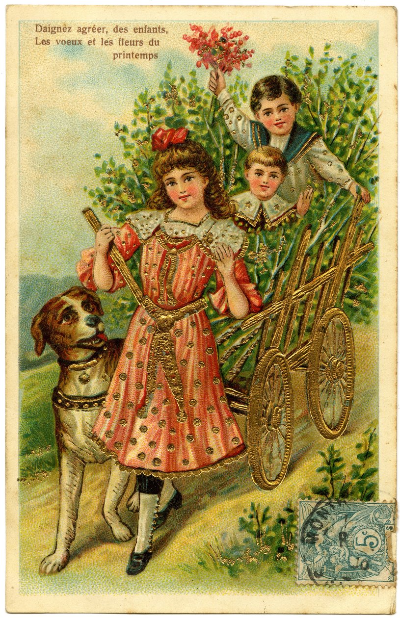 Postkort, accepter venligst, børns ønsker og forårsblomster (trykt papir i chromolithografi med tilføjet forgyldning) af French School