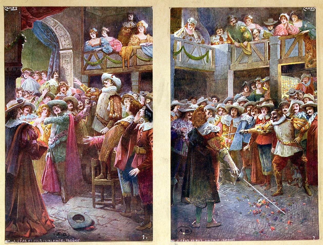 Postkort, der forestiller Cyrano de Bergerac og duellen på Hotel de Bourgogne, ca. 1900 af French School