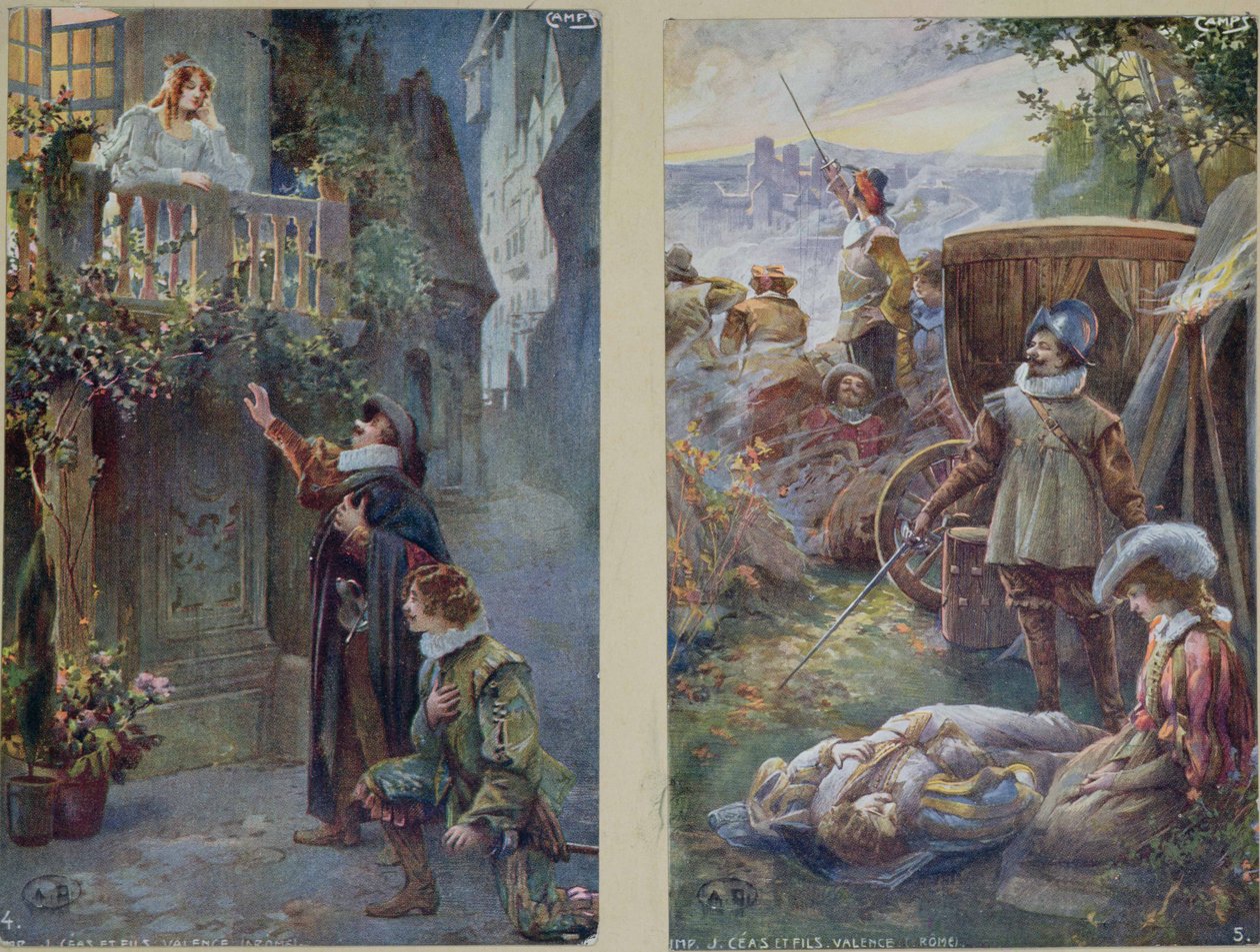 Postkort, der forestiller Cyrano de Bergerac med Roxanne og Christians død, ca. 1900 af French School