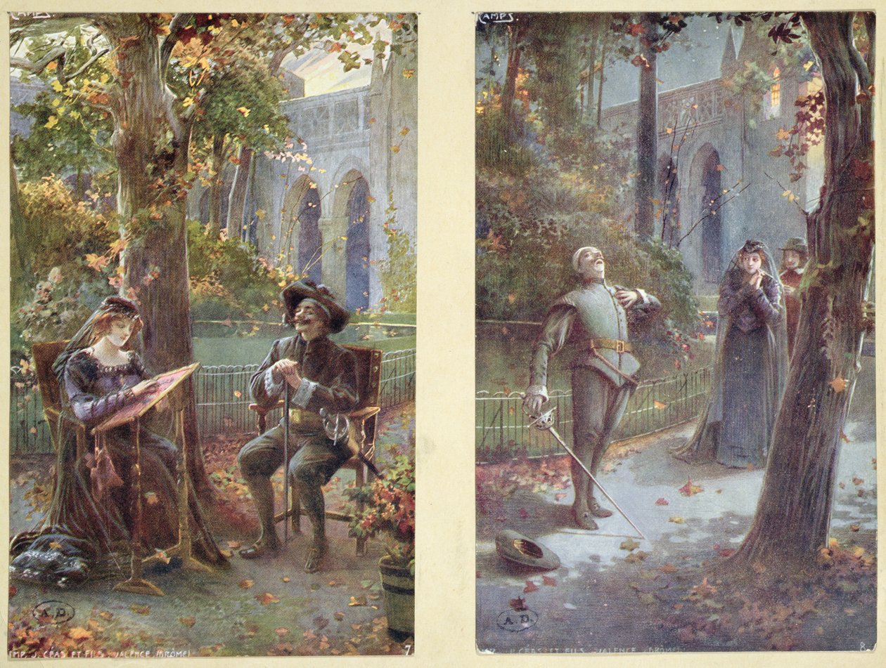 Postkort forestillende Cyrano de Bergerac med Roxanne, ca. 1900 af French School
