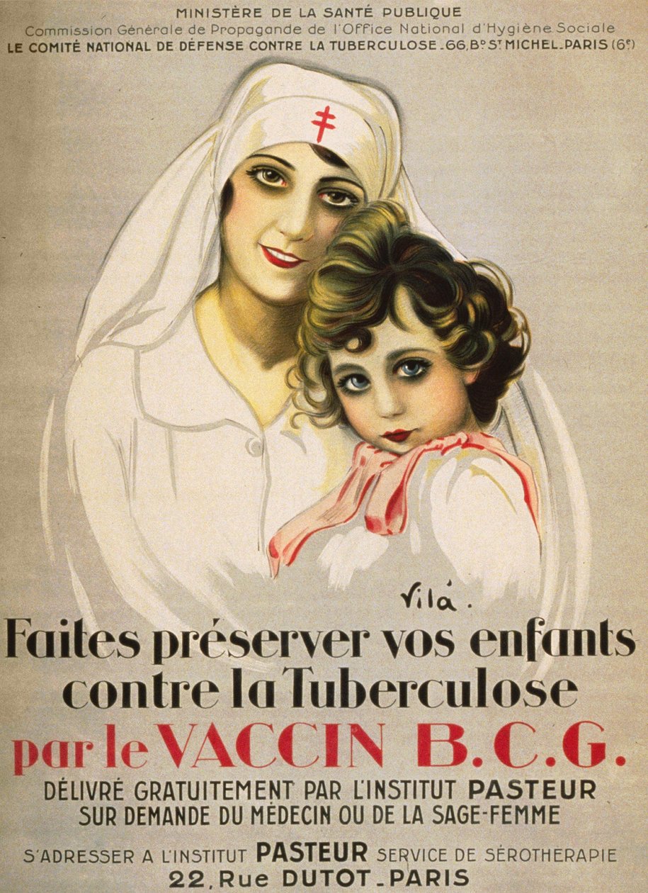 Plakat "" Beskyt dine børn mod tuberkulose af B.C.G. Vaccine udstedt gratis af Institut Pasteur efter anmodning fra lægen eller jordemoderen””, af Vilà 1917 af French School